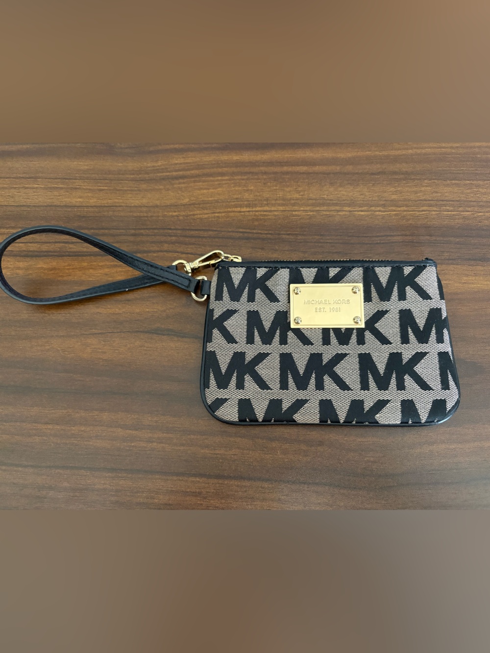 Michael Kors Black and Beige MK Logo Wristlet with Gold Plate